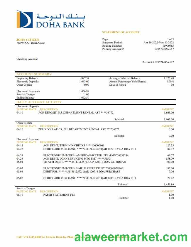 Qatar Doha Bank statement
